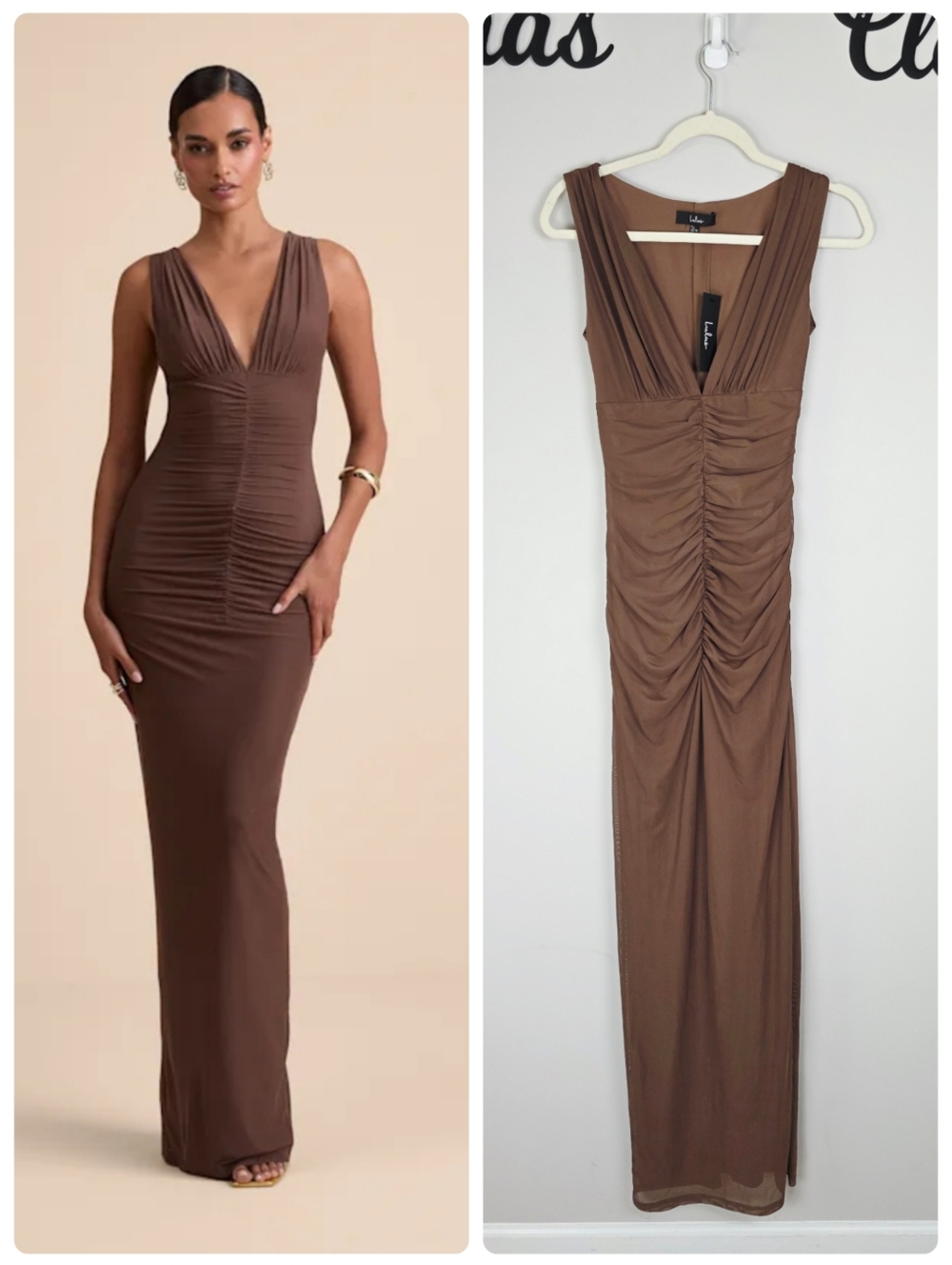 Lulu's Aveline Brown Jersey Knit Ruched Bodycon Maxi Dress Size Medium NWT
